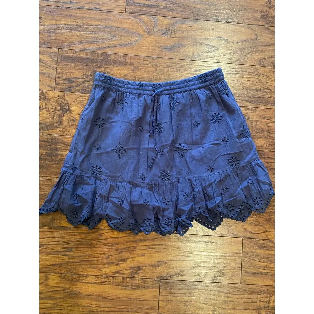 AERIE Skirt Navy Blue Ruffle Eyelet Lace Elastic Tie Waist Size M - Picture 5 of 6